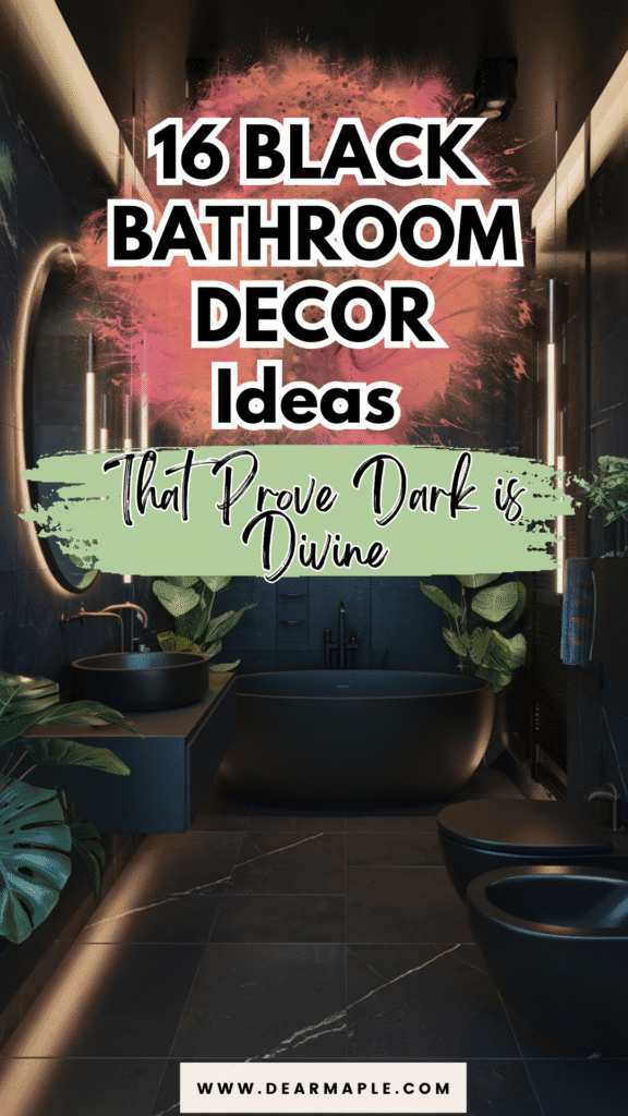Pinterest pin of black bathroom decor
