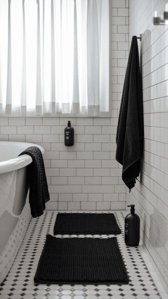 Small black accessories as black bathroom decor accents