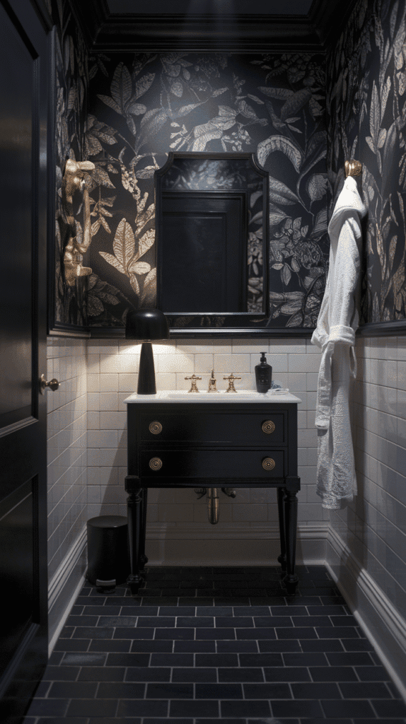 Dark wallpaper design feature in black bathroom decor