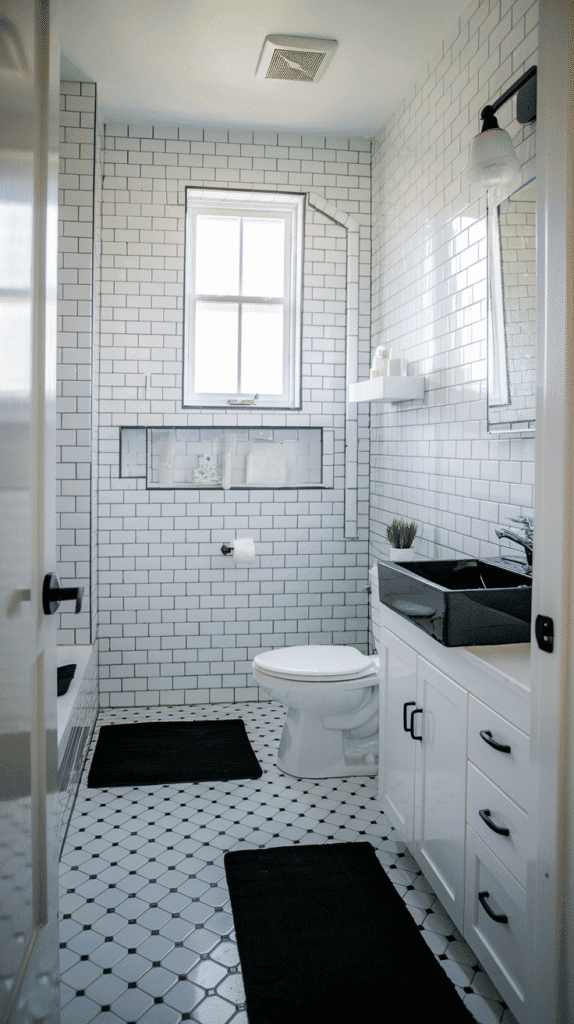 White tile with black grout contrast in black bathroom decor
