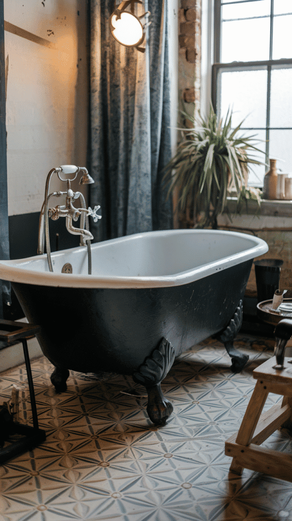 Vintage black clawfoot tub in black bathroom decor