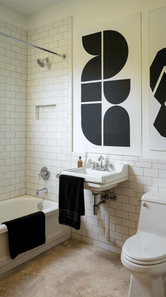 Black textiles and artwork for black bathroom decor