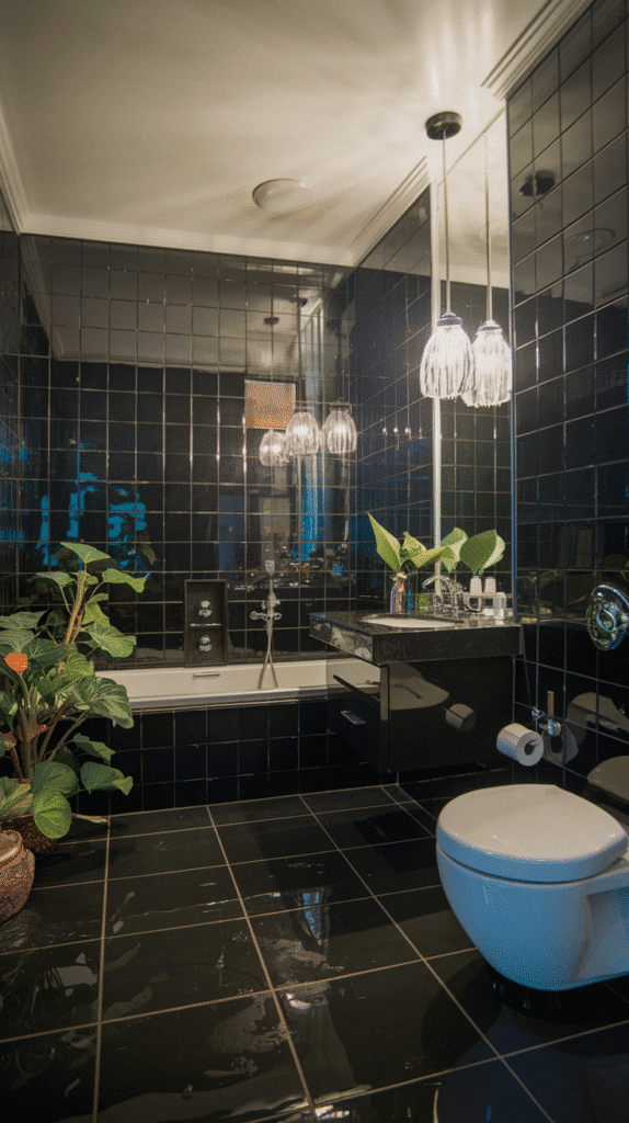 Full black tile design for black bathroom decor