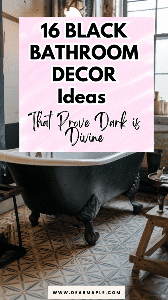 Pinterest pin of black bathroom decor