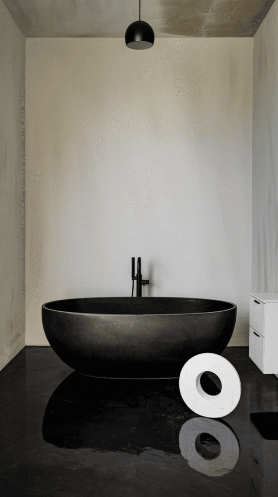Freestanding black bathtub as bold black bathroom decor