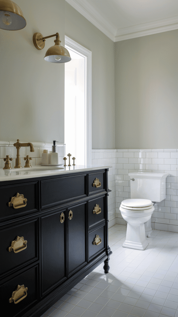 Black and brass combo in black bathroom decor