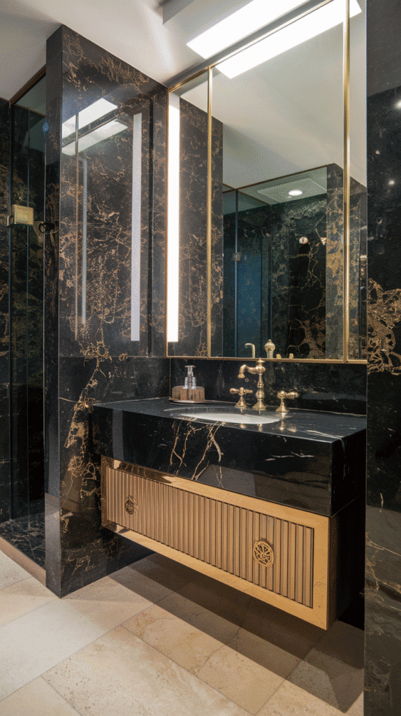 Sophisticated black marble touch in black bathroom decor