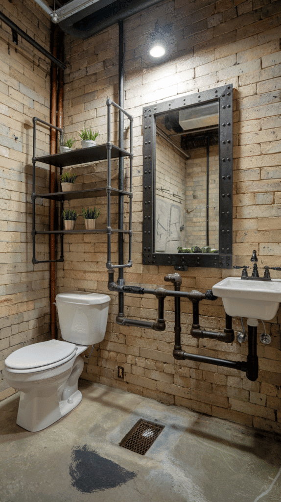 Industrial style black metal accents in black bathroom decor