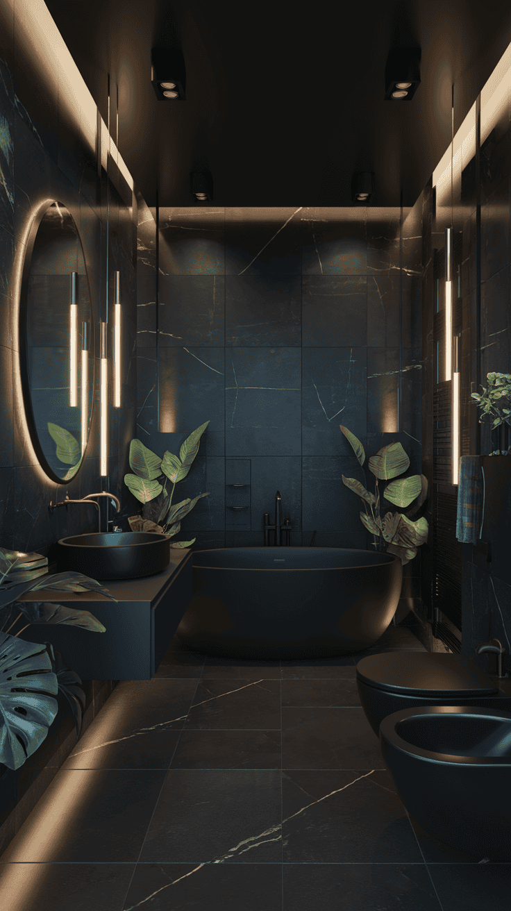 Featured modern black bathroom decor with matte black fixtures, black tiles, brass accents, and a freestanding tub