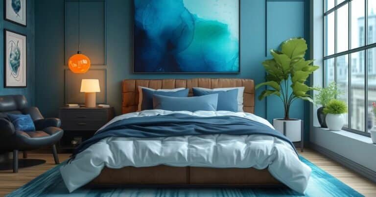 blue bedroom - A bedroom comes to life with a striking wallpaper featuring a geometric pattern of overlapping circles in shades of blue and green adding a touch of fun and playfulness