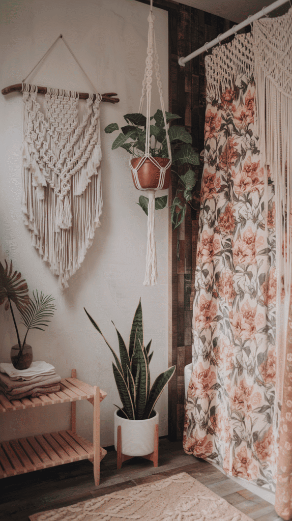 boho bathroom decor with macrame wall hanging, macrame plant hanger, and macrame shower curtain | boho bathroom decor