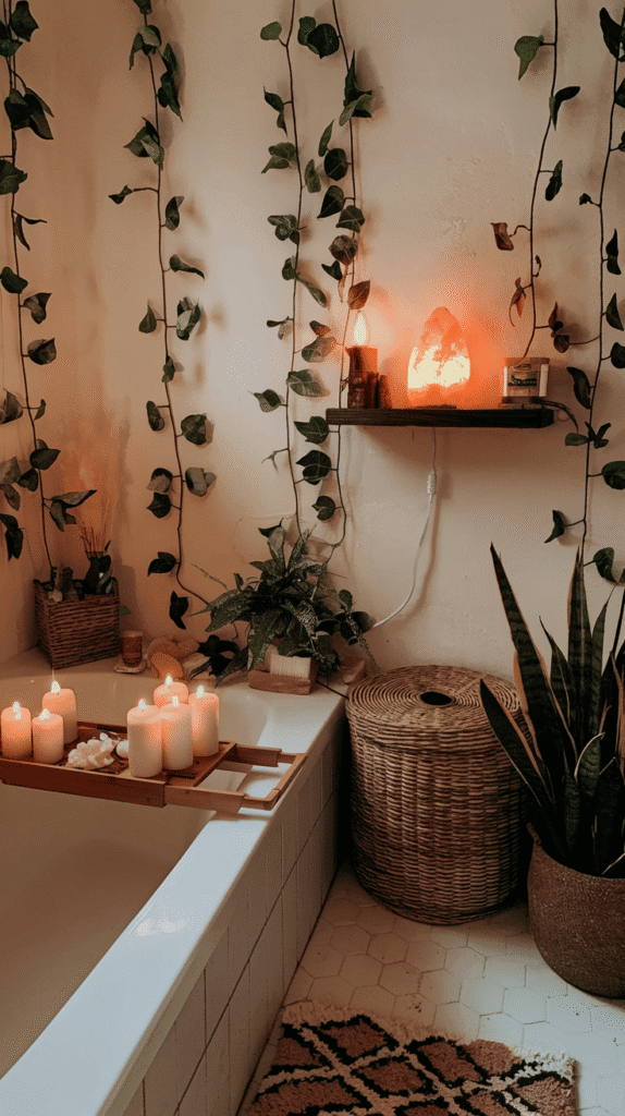 boho bathroom with clustered candles, Himalayan salt lamp, and cozy spa atmosphere | boho bathroom decor