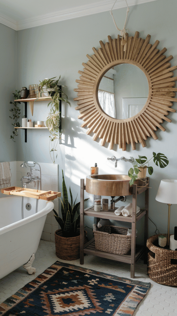 boho bathroom with a large sunburst or carved wood statement mirror, glowing with natural light | boho bathroom decor