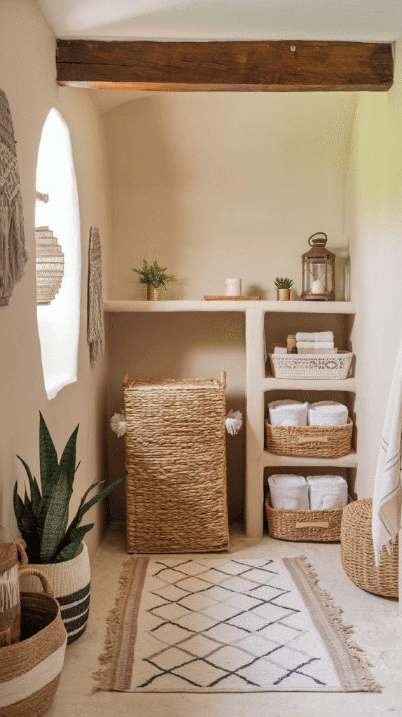 boho bathroom with woven laundry hamper and baskets for towels and storage | boho bathroom decor