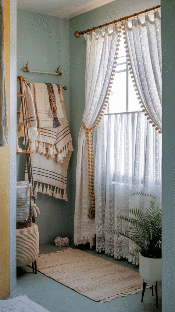 boho bathroom decorated with tassel-trimmed towels and beaded curtain tiebacks | boho bathroom decor