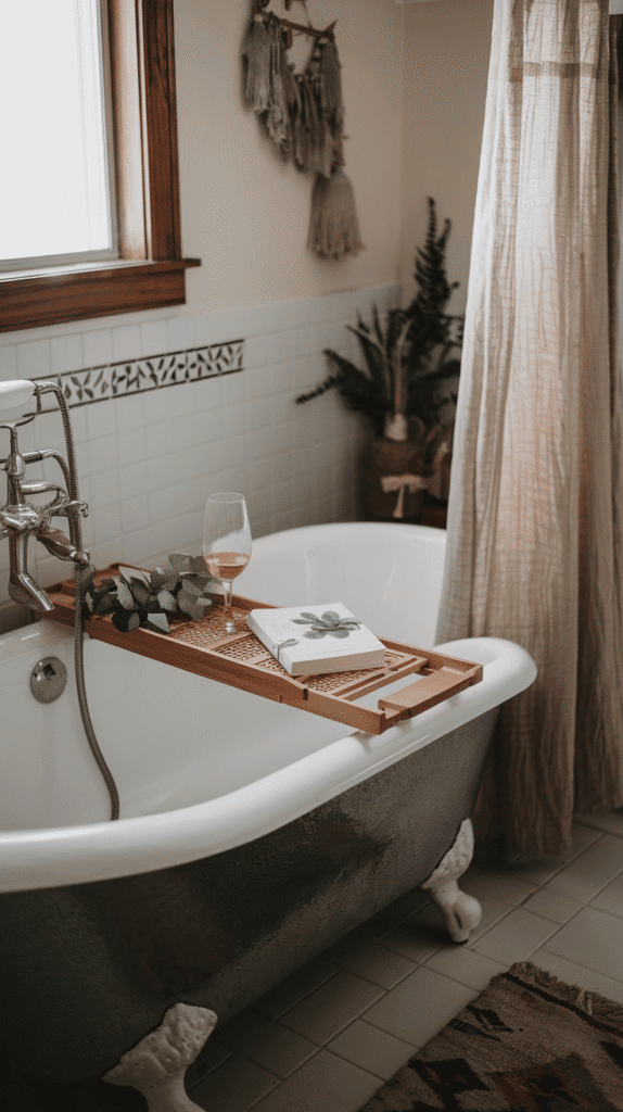 boho bathroom featuring wooden bath tray with wine glass, book, and eucalyptus bundle | boho bathroom decor