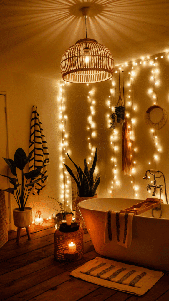 boho bathroom with warm ambient mood lighting, fairy lights, and rattan pendant lamp | boho bathroom decor