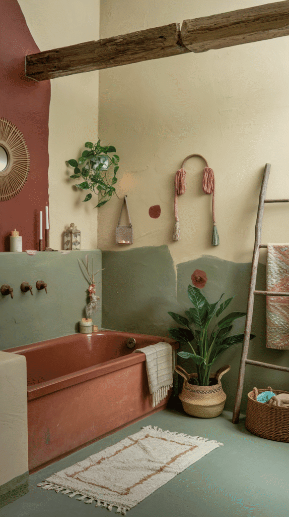 boho bathroom painted in earthy tones like terracotta, sage green, and cream, with rustic accents | boho bathroom decor