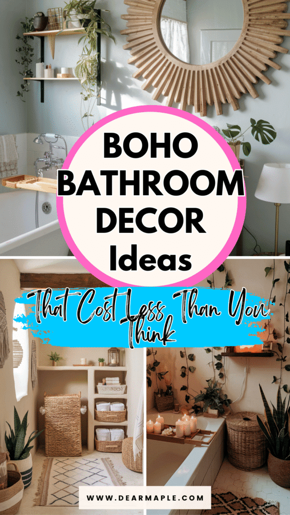 Pinterest pin of boho bathroom decor