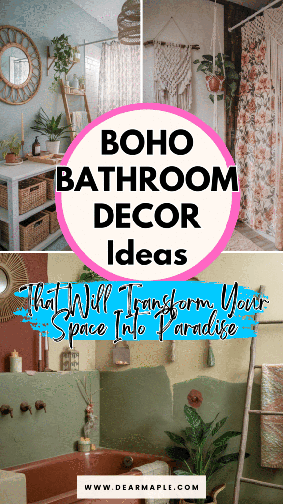 Pinterest pin of boho bathroom decor