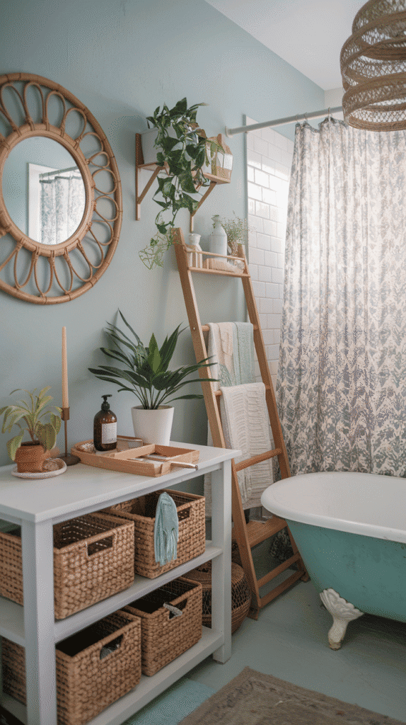 boho bathroom featuring rattan mirror, wicker baskets, and woven storage shelves | boho bathroom decor