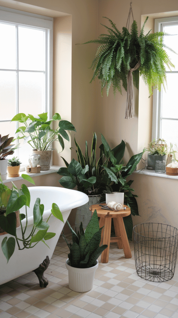 boho bathroom filled with green plants like pothos and snake plants, hanging ferns by window | boho bathroom decor