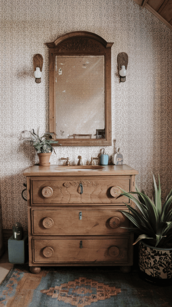 vintage boho bathroom vanity with repurposed dresser, ceramic knobs, and carved wood mirror | boho bathroom decor