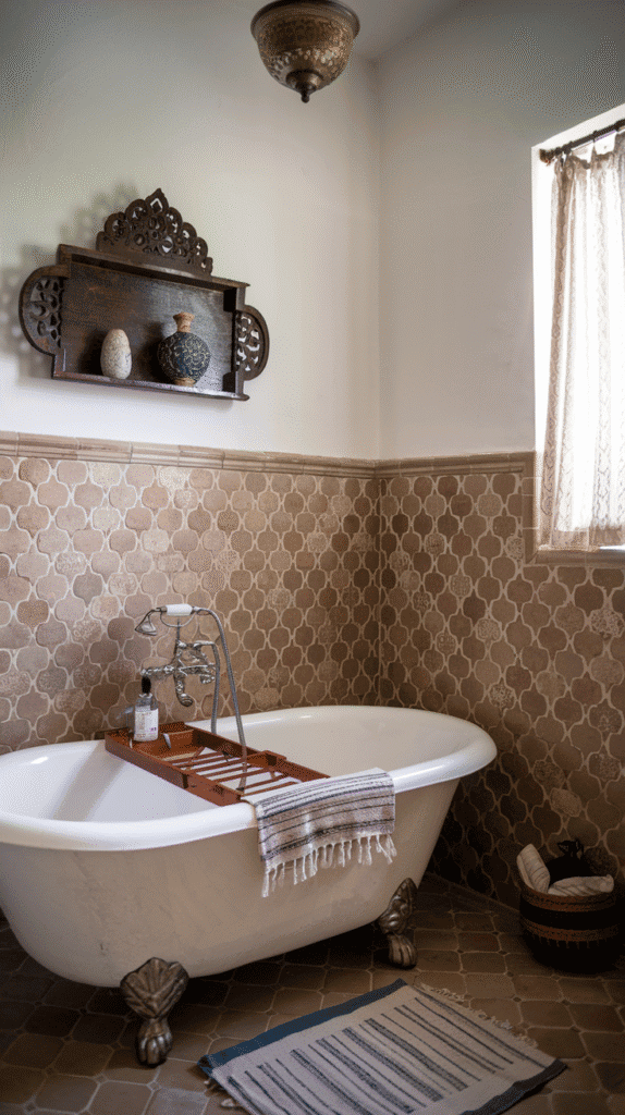 boho bathroom with Moroccan tiles, Turkish towels, and Indian carved wooden tray decor | boho bathroom decor