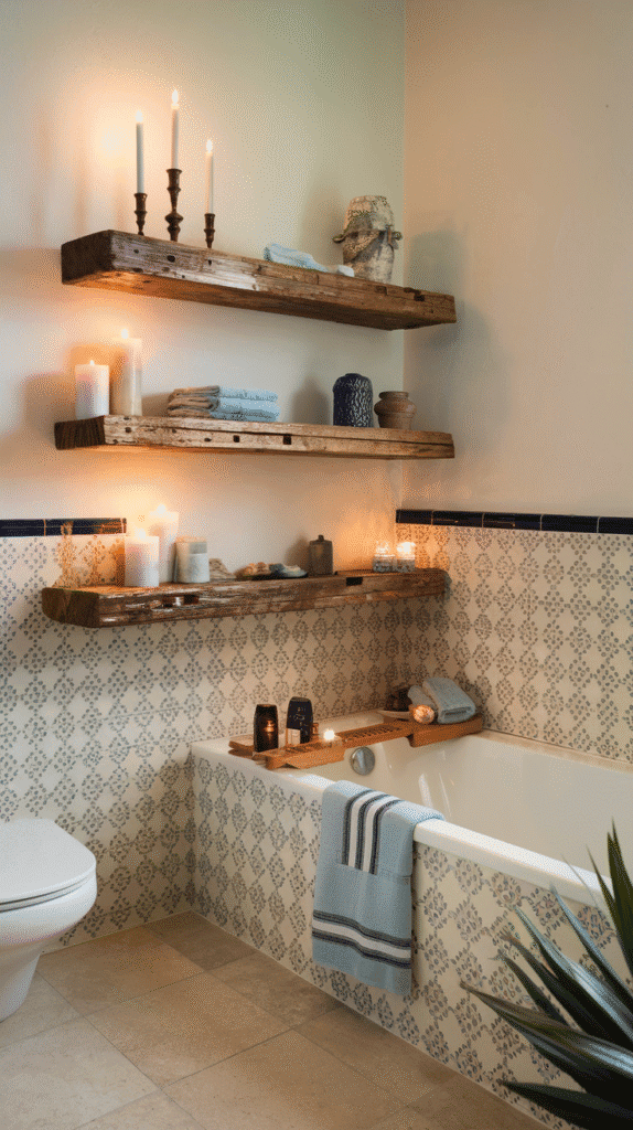 boho bathroom with reclaimed floating wood shelves displaying candles, towels, and ceramics | boho bathroom decor
