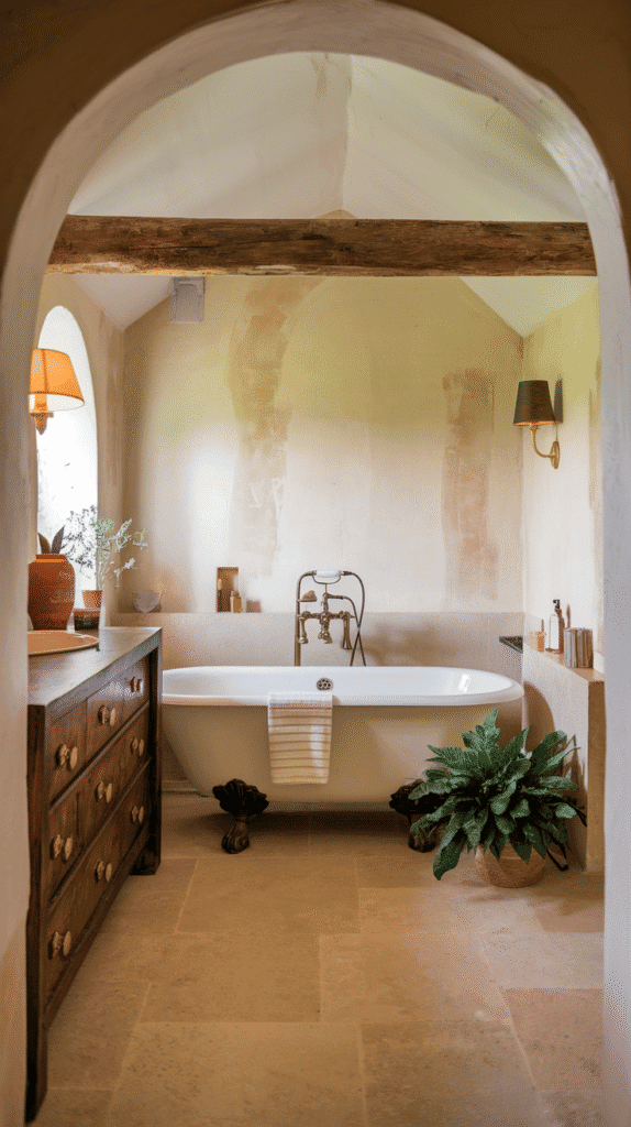 boho bathroom with brass fixtures including faucet, drawer pulls, and warm accents | boho bathroom decor