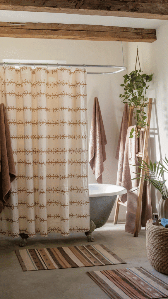 boho bathroom with tribal patterned shower curtain, coordinating earth-toned towels and rugs | boho bathroom decor