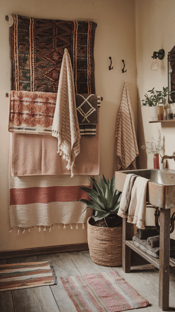 boho bathroom with layered vintage rugs and Turkish towels, cozy textures and soft lighting | boho bathroom decor