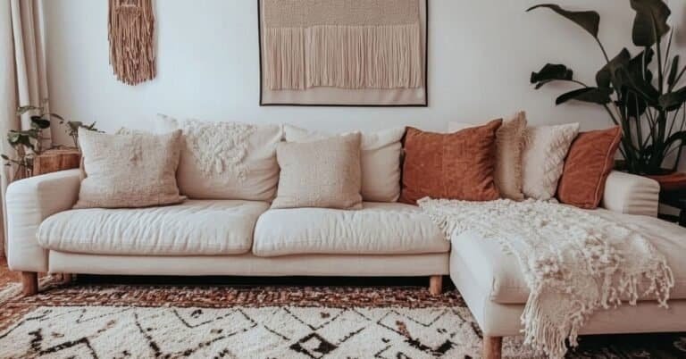 boho farmhouse living room - A white couch with orange and brown pillows