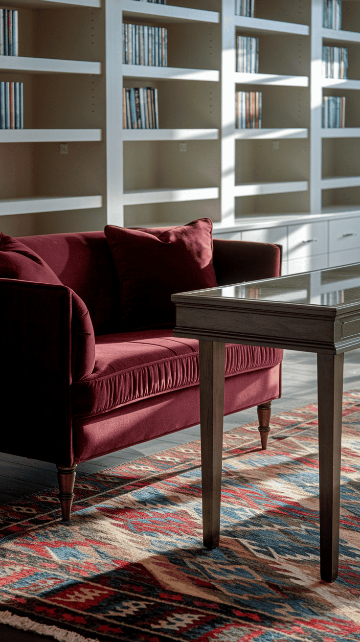 A cozy home office with couch featuring a luxurious velvet sofa and stylish wooden desk.