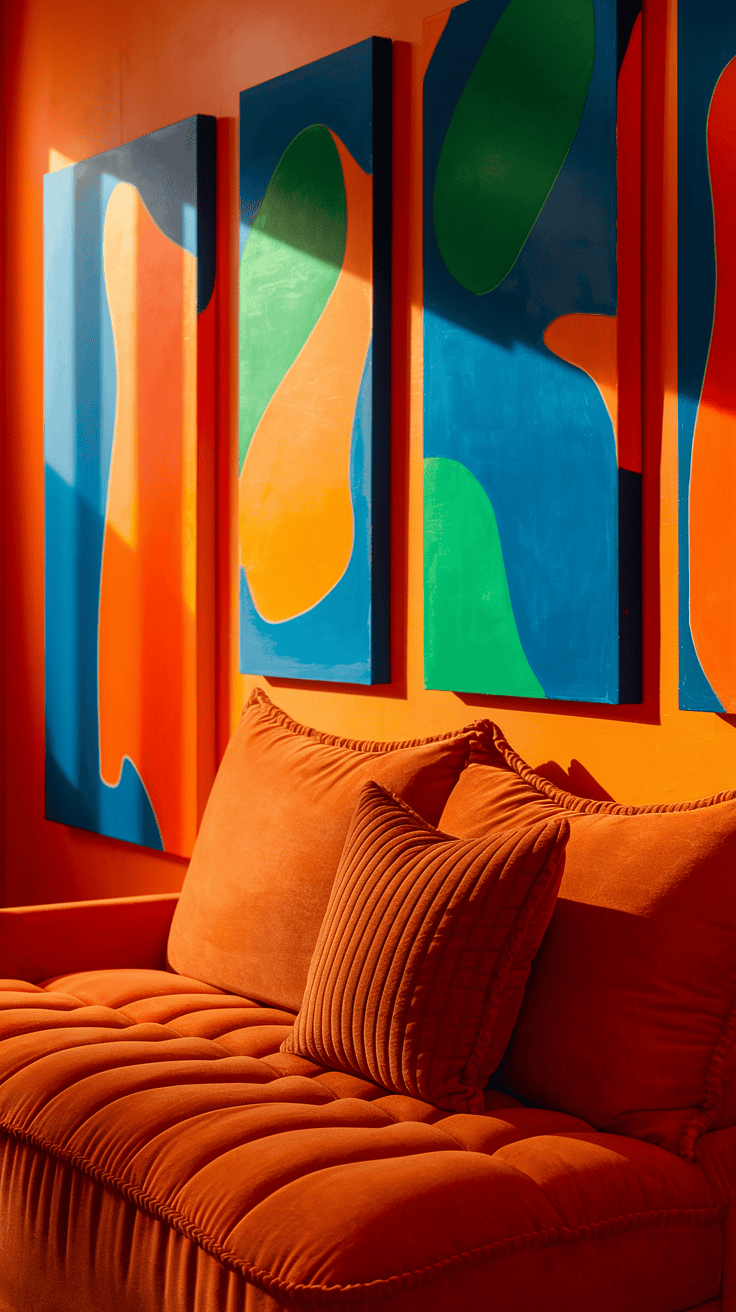 A cozy home office with couch that brings vibrancy and artistic flair to the workspace.