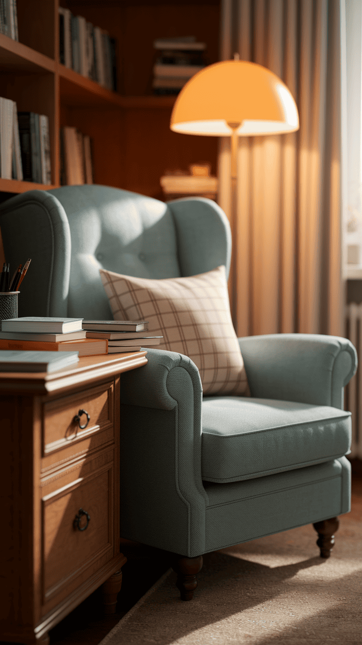 A cozy home office with couch including a comfortable reading area next to the desk.
