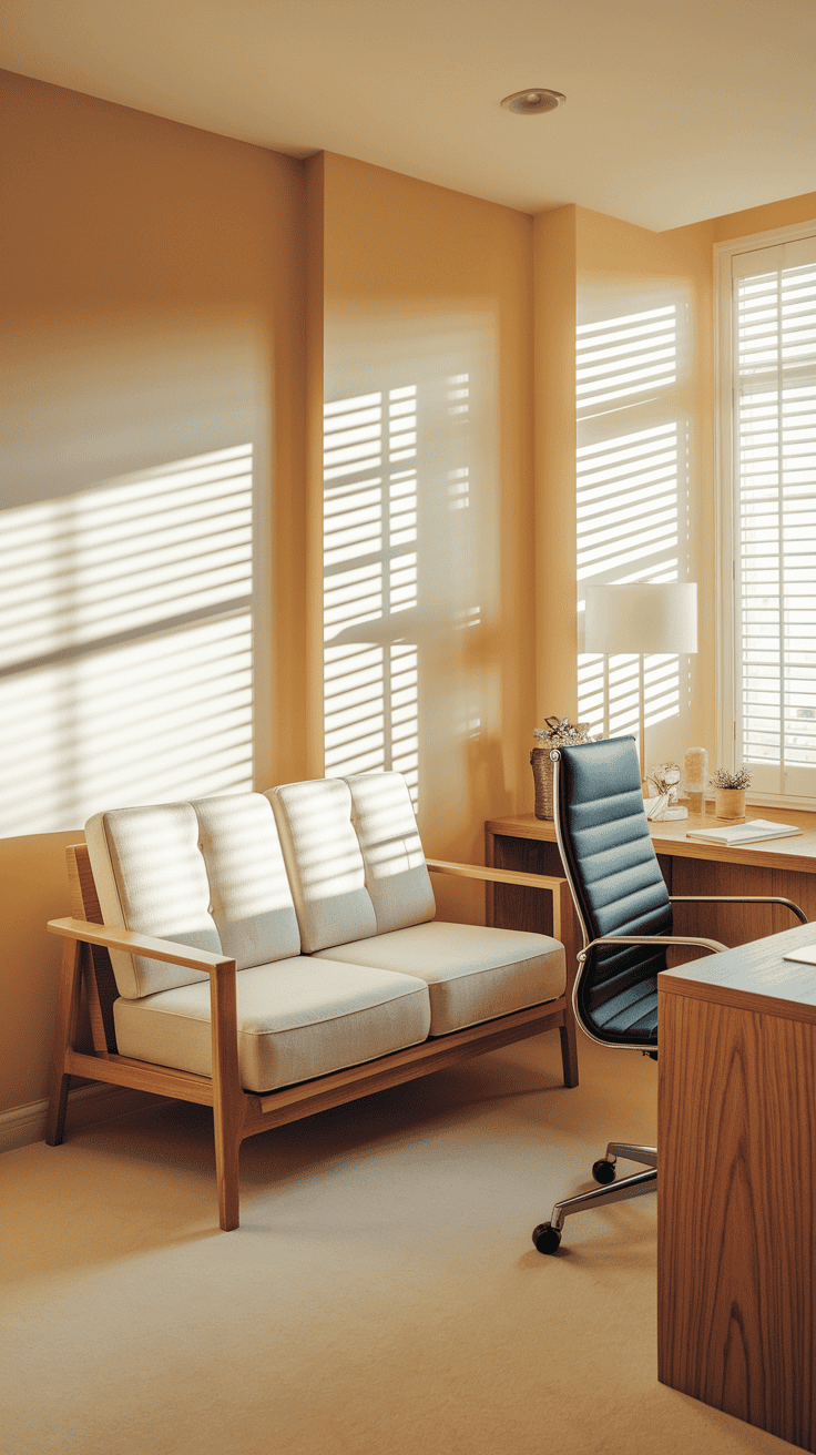 A cozy home office with couch in a compact design with a functional convertible couch.