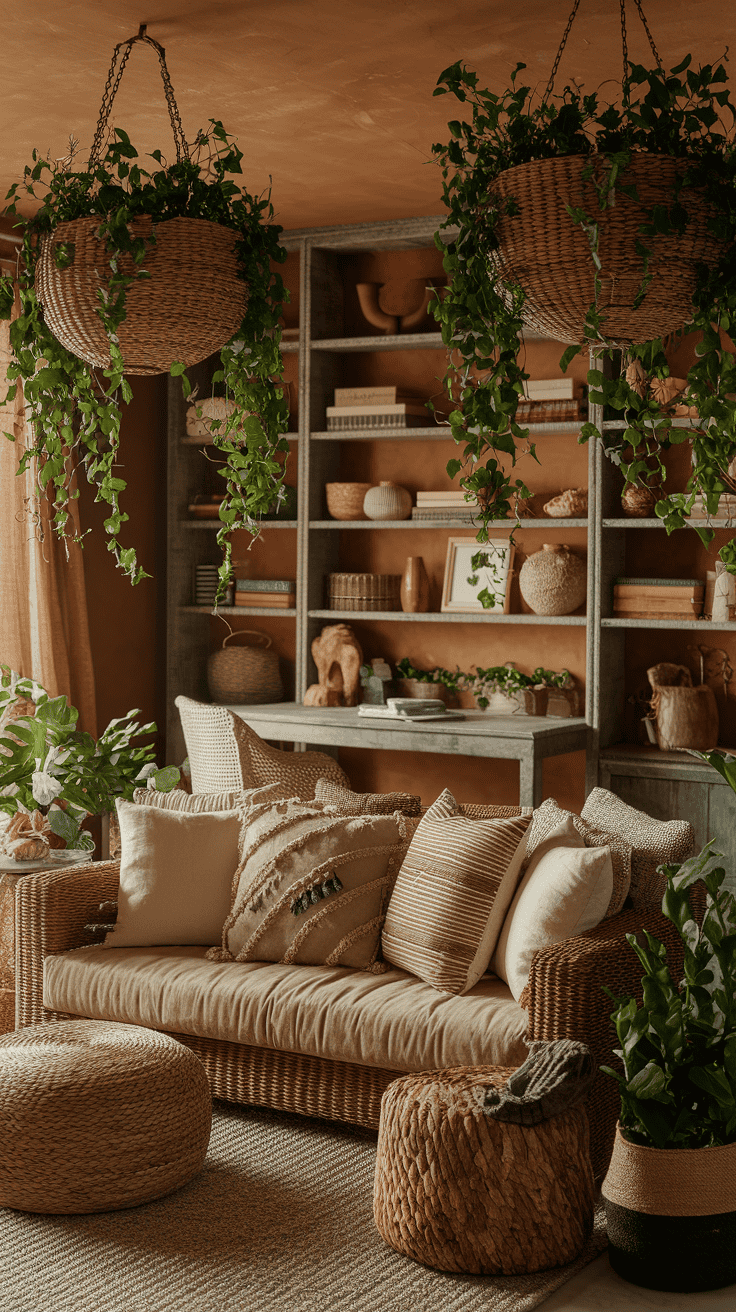 A cozy home office with couch exemplifying a warm bohemian retreat and vibrant greenery.