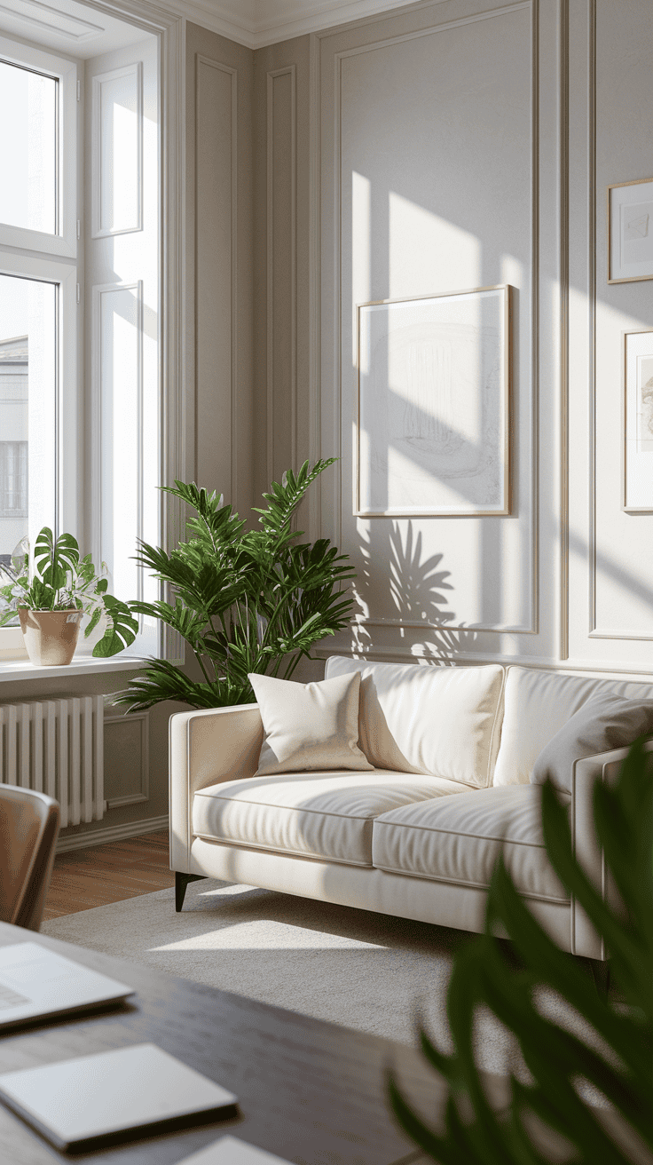 A cozy home office with couch showcasing Scandinavian design and inviting natural light.