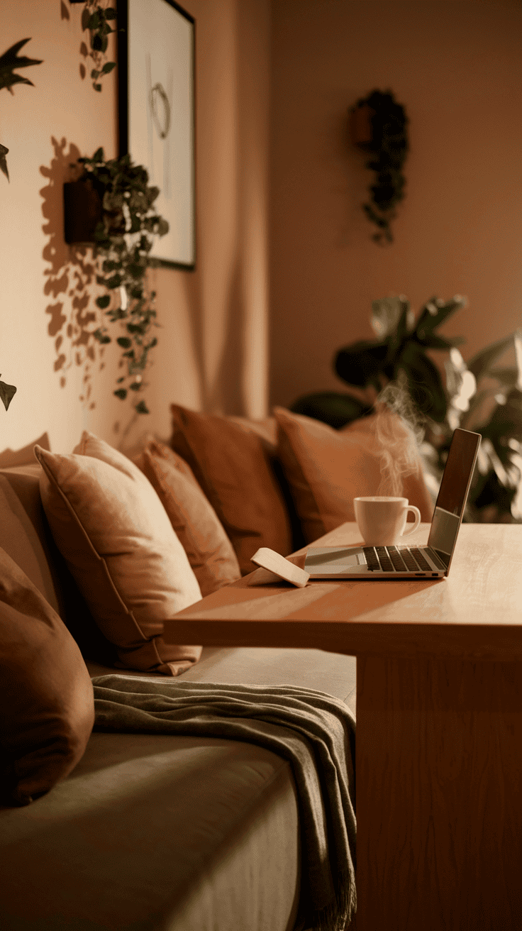 A cozy home office with couch blending functional workspace and relaxing seating.