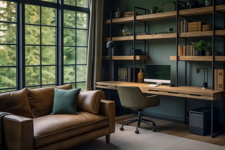 cozy home office with couch- Chic Home Office Oasis with View