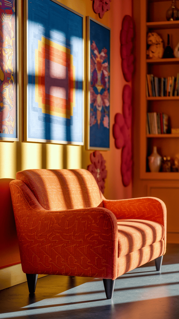 A cozy home office with couch full of eclectic design and vibrant décor elements.