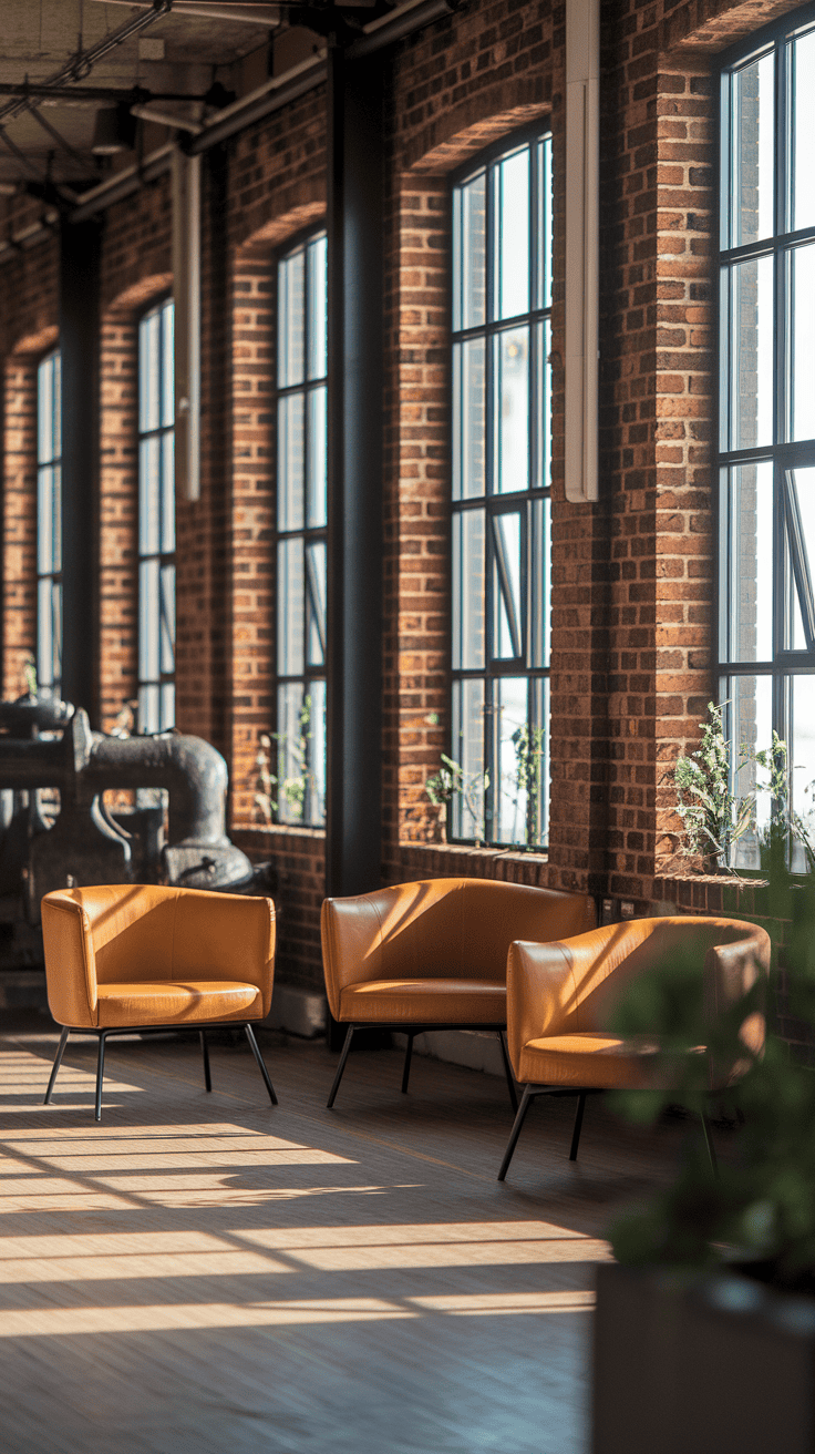 A cozy home office with couch in an industrial loft setting, blending style and comfort.