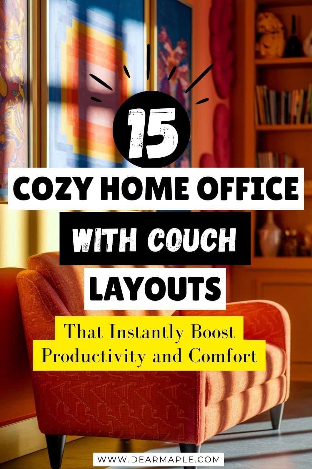 Pinterest pin of cozy home office with couch