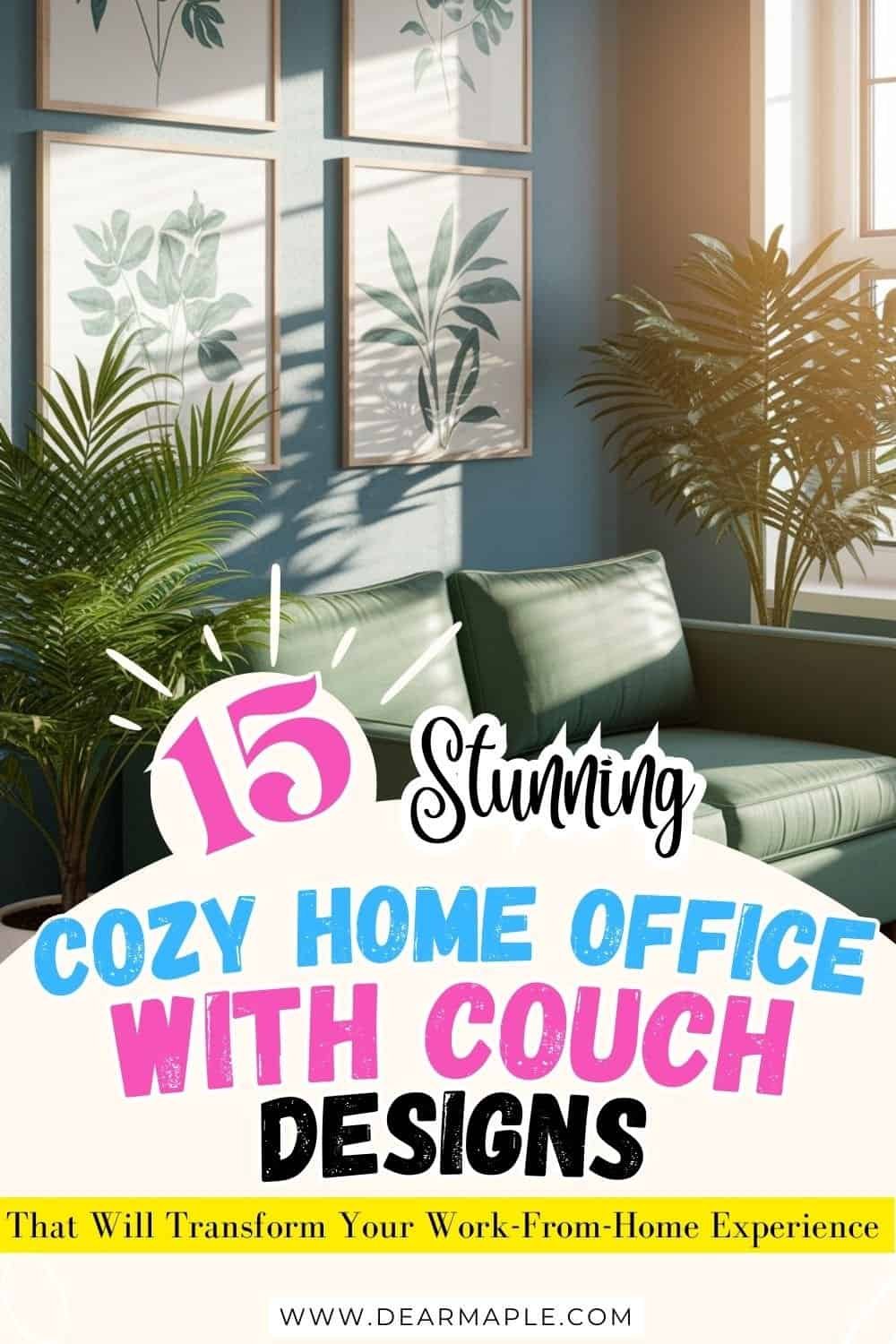 Pinterest pin of cozy home office with couch