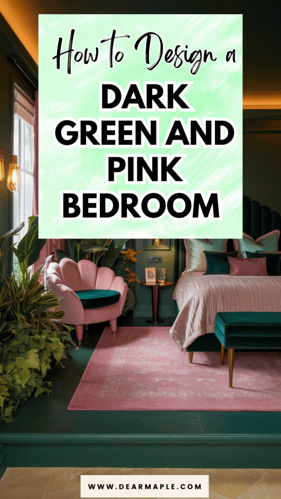 Pinterest pin of dark green and pink bedroom