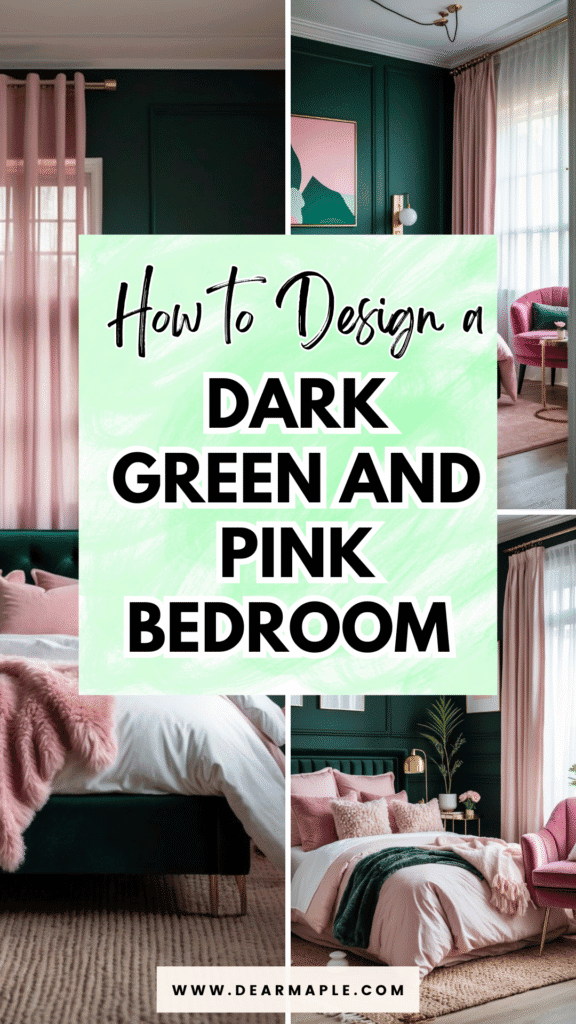 Pinterest pin of dark green and pink bedroom