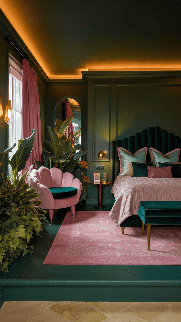dark green and pink bedroom - Dark green and pink bedroom - A cozy bedroom featuring a dark green accent wall, complemented by a bed adorned with pink and green pillows, warm lighting, wooden furniture, and decorative plants, creating a chic and inviting space.