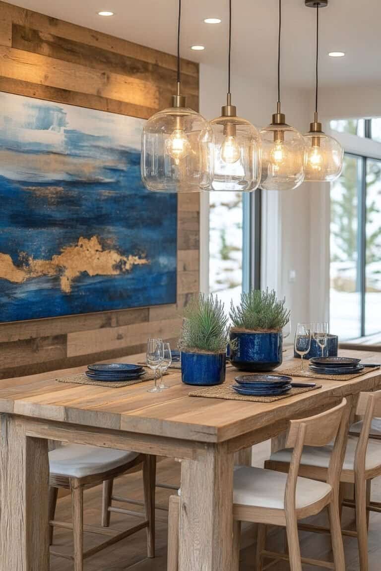 dining room lighting ideas-Cozy rustic dining area with natural decor and warm lighting in a serene setting