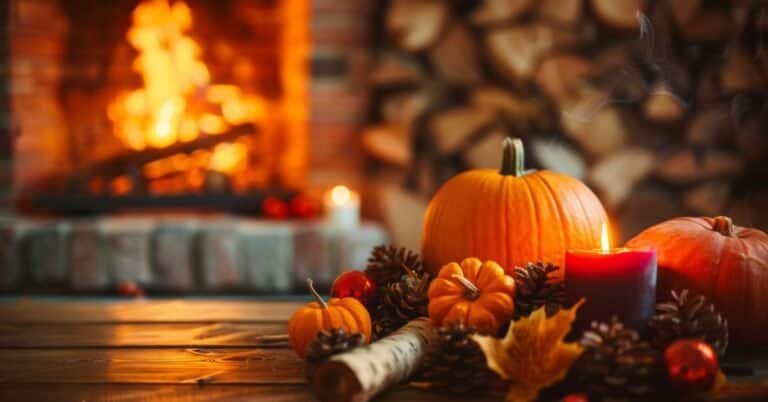 fall fireplace mantel decorating ideas modern -A festive arrangement with pumpkins, candles, and fall foliage near a fireplace